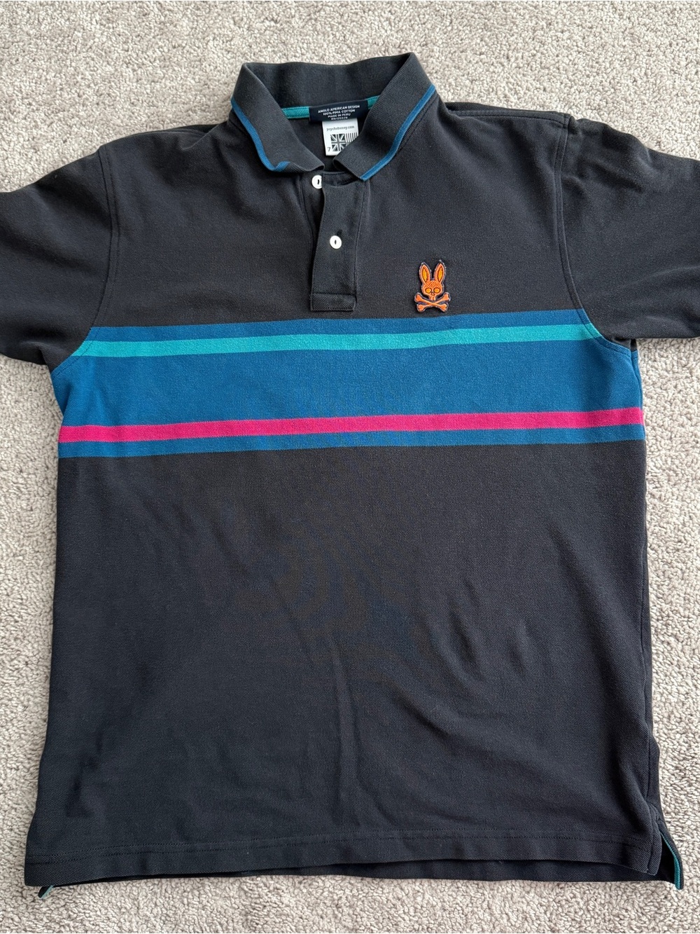 Psycho Bunny Polo Shirt Black Blue Pink Stripe Embroidered Logo Size 7 XL fits L